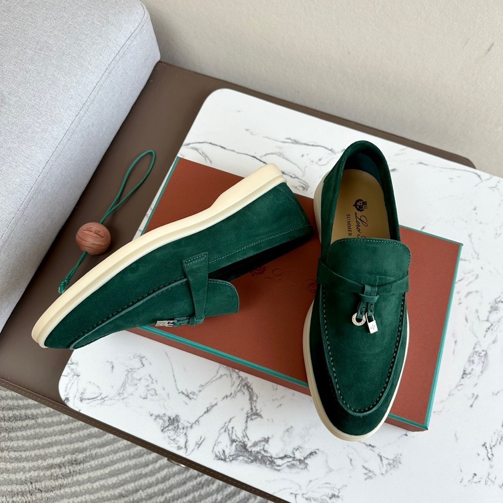 Loro Piana summer charms walk loafer, size 38. Ribbon green suede.